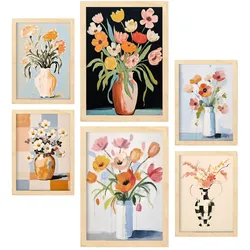 POSTER Set Mit 6 Blumenvasen A3 & A4 Rahmen Aus Hellem Holz