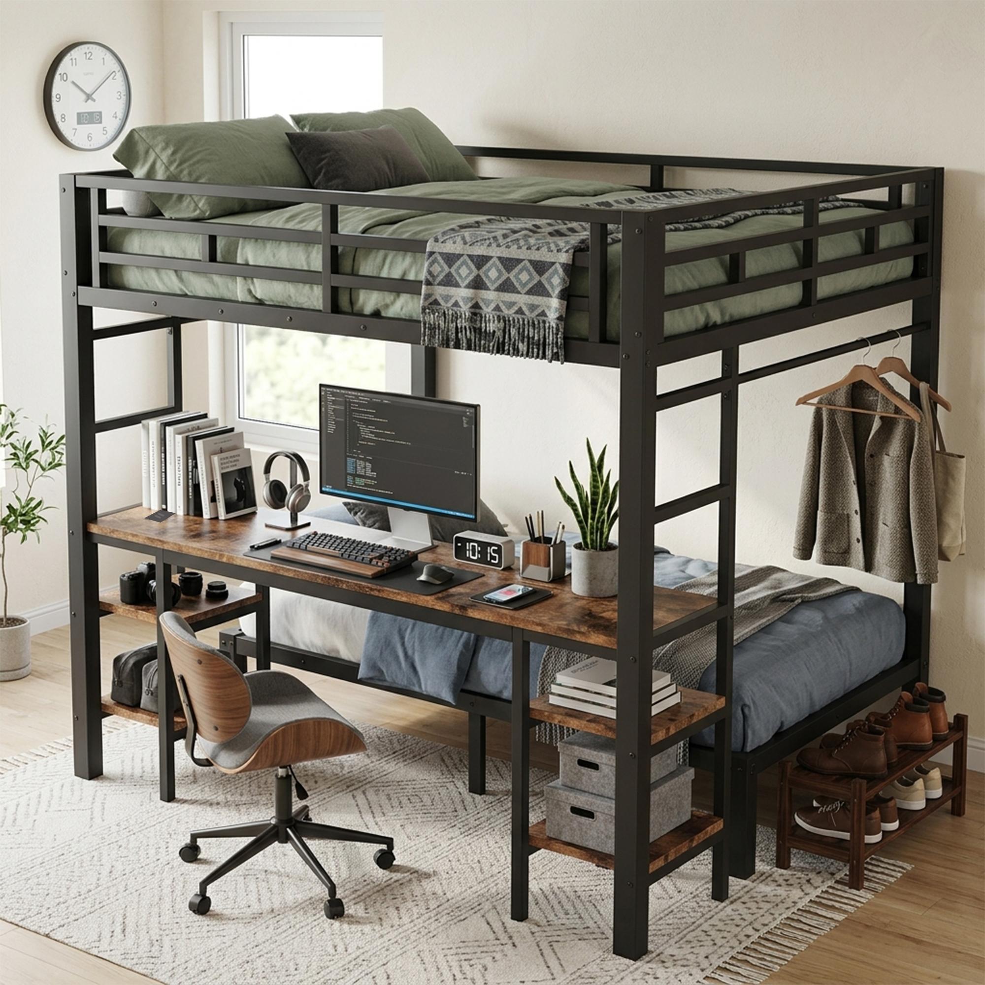 Metallbett 140x200/90x200cm, Etagenbett, Schreibtisch, Kleiderstange, Ladestation (Black+Vintage)