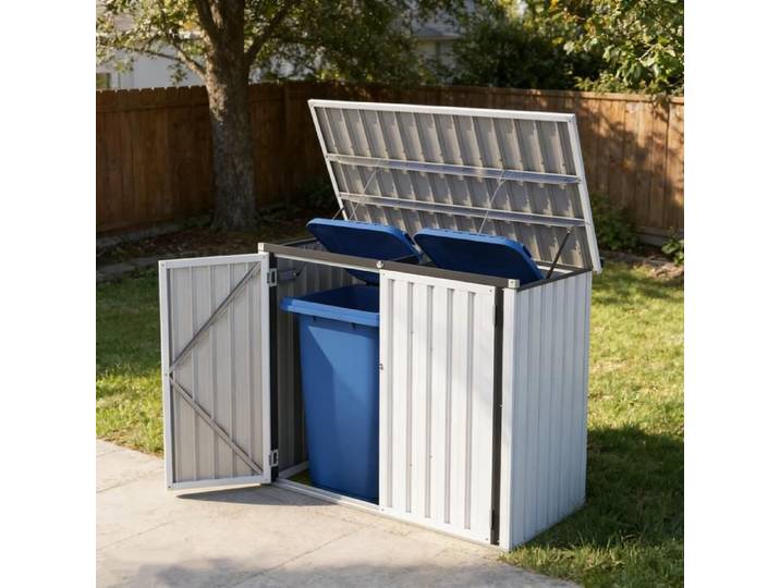 YODOLLA Coffre de Rangement Extérieur - Abri de Jardin en Métal Range Poubelles ou Vélo - 150 x 80 x 118 CM - Blanc
