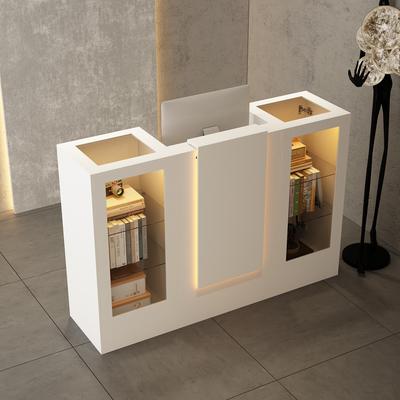 Timechee White Reception Desk Counter Table with Glass Display Shelves and LED