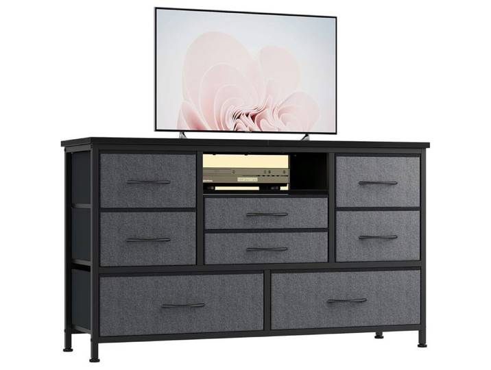Commode à LED Rechargeable - PROMIRACAL - 8 Tiroirs + 3 Prises/2 USB + 22 Modes RGB - 120x36x75cm - Gris