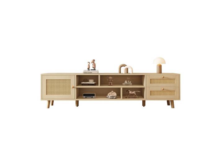 Merax Lowboard mit Tür und Schubladen Rattangeflecht, TV-Schrank mit offenen Fächern,Fernsehtisch Landhaus,B:160cm