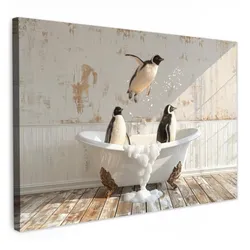 LEINWANDBILD Vintage - Pinguin - Badewanne - Schaumstoff Gemälde 60x40 cm