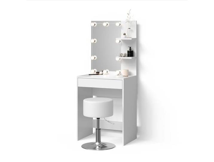 Livinity Schminktisch Nola , Weiß Spiegel mit LED-Lichterkette · Hocker · 1 Schublade · Freistehend · 2 offene Ablageflächen