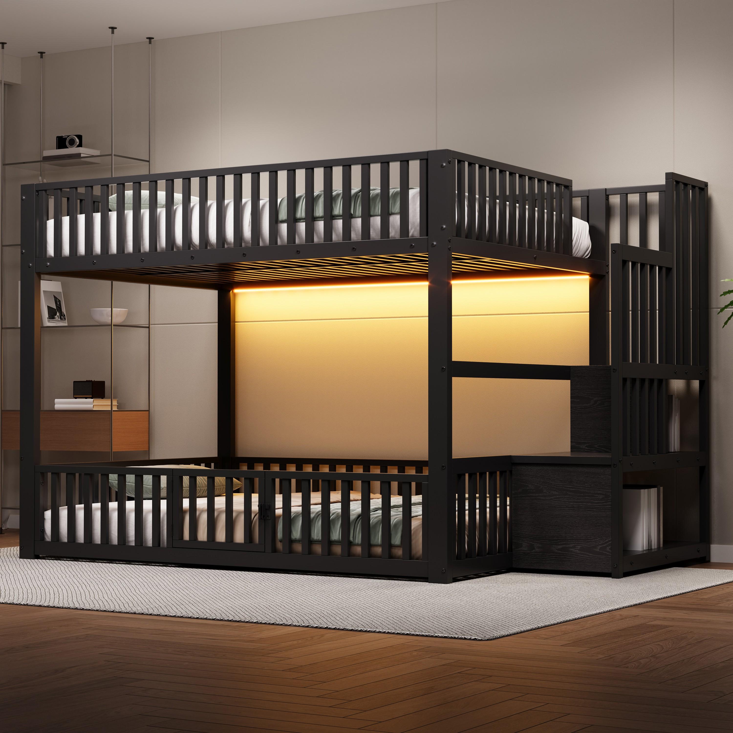 okwish Etagenbett 140x200 mit LED Beleuchtung Doppelbett mit Stauraumleiter und Handlauf Schutzgitter Türzugang für Kinderzimmer MDF Metall Schwarz(ohne Matratze)