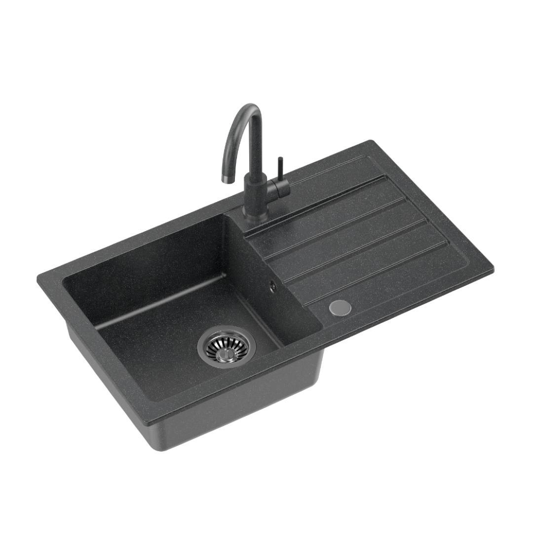 QUADRON Spülbecken JERRY 111 Granitspüle Küche aus GraniteQ, 77x44x17,5 cm, Schwarz, Waschbecken Küchenspüle Einbeckenspüle Set: Granitspüle + Küchenarmatur KATE + Siphon + Abdeckkappe