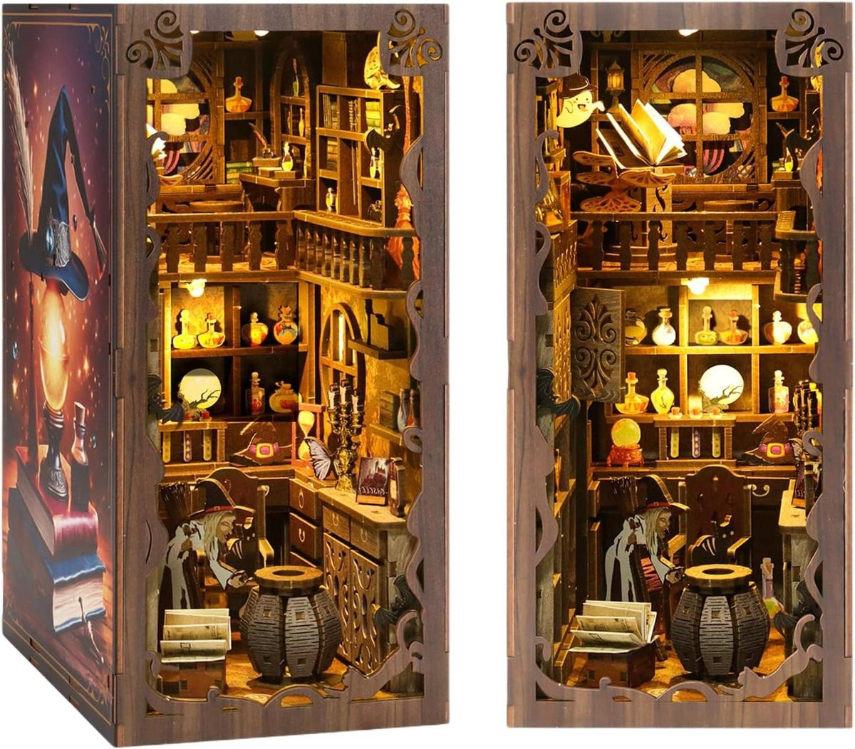 Miniatuur Huisje Boekenplank Invoeging met LED Verlichting - Houtkleur - 1:12 Schaal