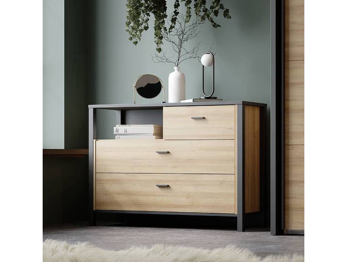 Kommode 105 cm 105 x 85 x 40cm Schwarz/Braun/Eiche Dekor/Schwarz