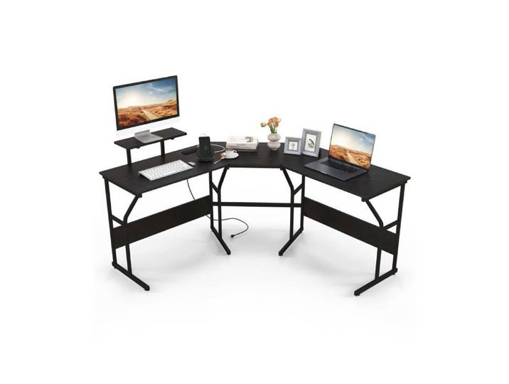 Bureau d'angle 225 x 48 x 91 cm avec multiprise intégrée et support d'écran amovible