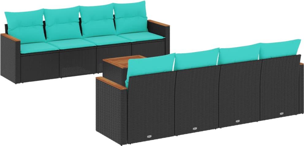 9-teiliges Gartensofa-Set mit Kissen, schwarzes Polyrattan