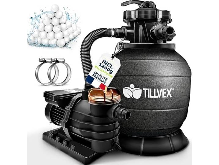 tillvex® Système de Filtre à Sable 13 200L/h jusqu'à 40 000L + 1200g Boules Filtre 7 Fonctions de Filtration & Adaptateur 2en1 Ø32-38mm Filtre piscine avec indicateur de pression (Noir)