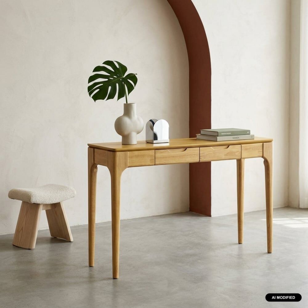 sweeek Console bois d'hévéa placage frêne 2 tiroirs naturel Beige 120x75x35cm