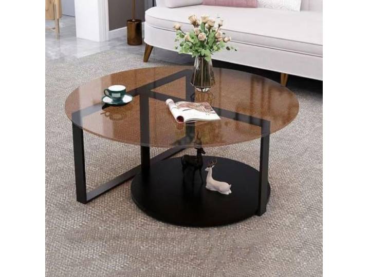 Couchtisch rund,Couchtisch mit gehärteter Glasplatte und Eisenrahmen 2 Ebenen,Beistelltisch mit Stauraum,moderner Wohnzimmertisch im skandinavischen Stil für Erwachsene daheim B,80CM