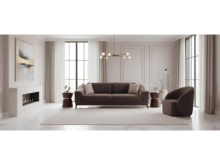 JVmoebel Sofa Braun 3-Sitzer Sofa und Sessel mit Holzrahmen und Rippendesign, 2 Teile