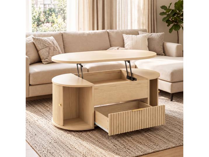 HOMCOM Table Basse Ovale Relevable Chêne 100x50x40cm Placards