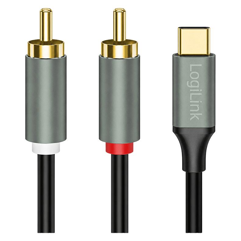 LogiLink USB 2.0 Type-C-Kabel, C/M zu 2x Cinch/M, Stereo Audio, Alu, schwarz/silber, 2 m (2 m, Cinch Kabel) (CUA0142)
