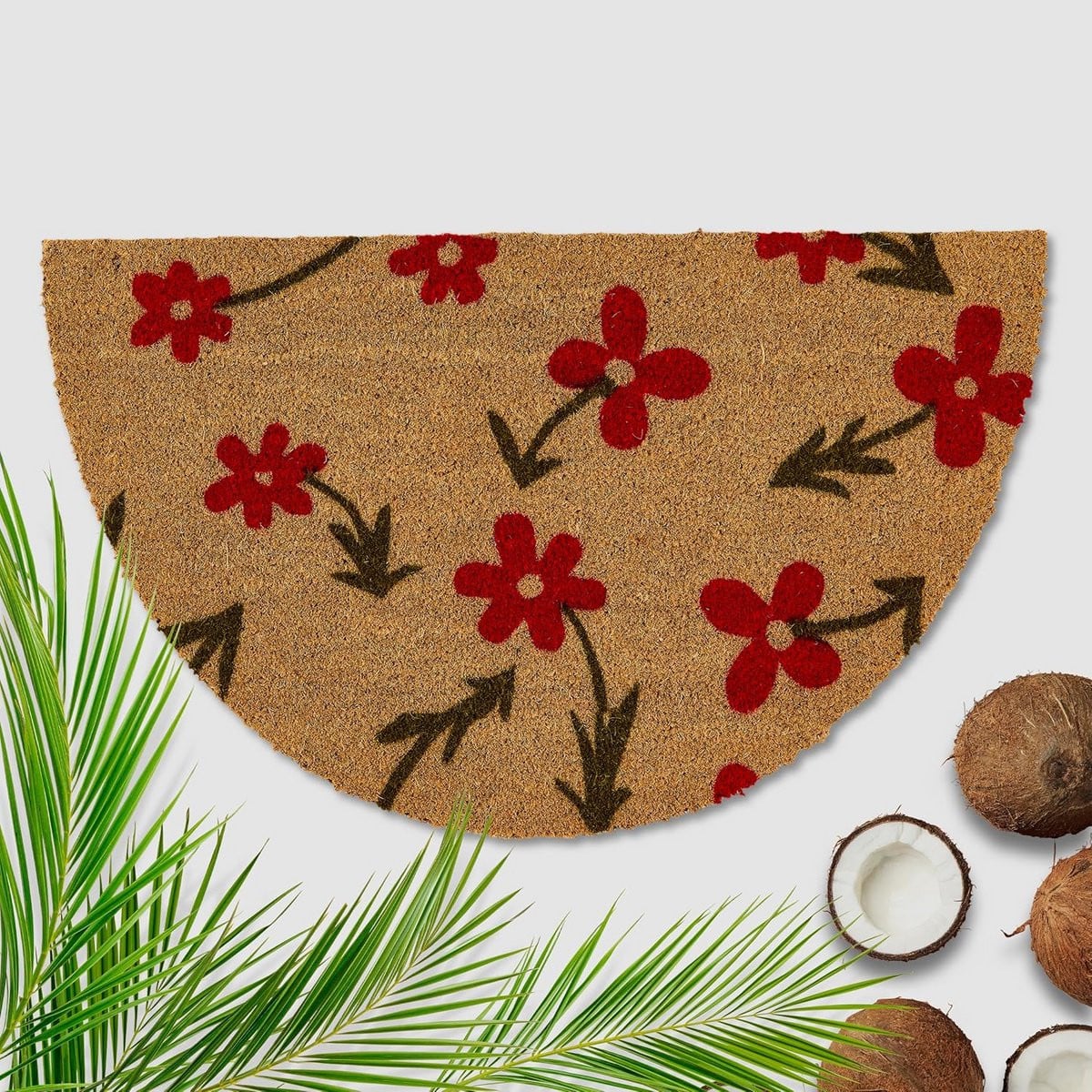 Kokos Deurmat Halfrond met Rood Bloemenmotief, 50 x 80 cm, Antislip voor Binnen & Buiten