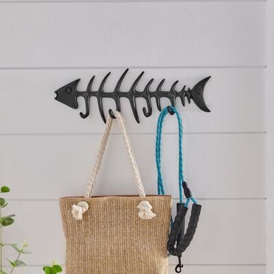 Danya B. Dark Brown Cast Iron Fishbone Decorative Wall Sculpture Utility Hook Unit with 4 Hooks