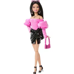 Barbie Deluxe Style-Puppe Nr. 13 mit rosa Barbiecore-Top, glänzendem Minirock und schwarzen Haaren