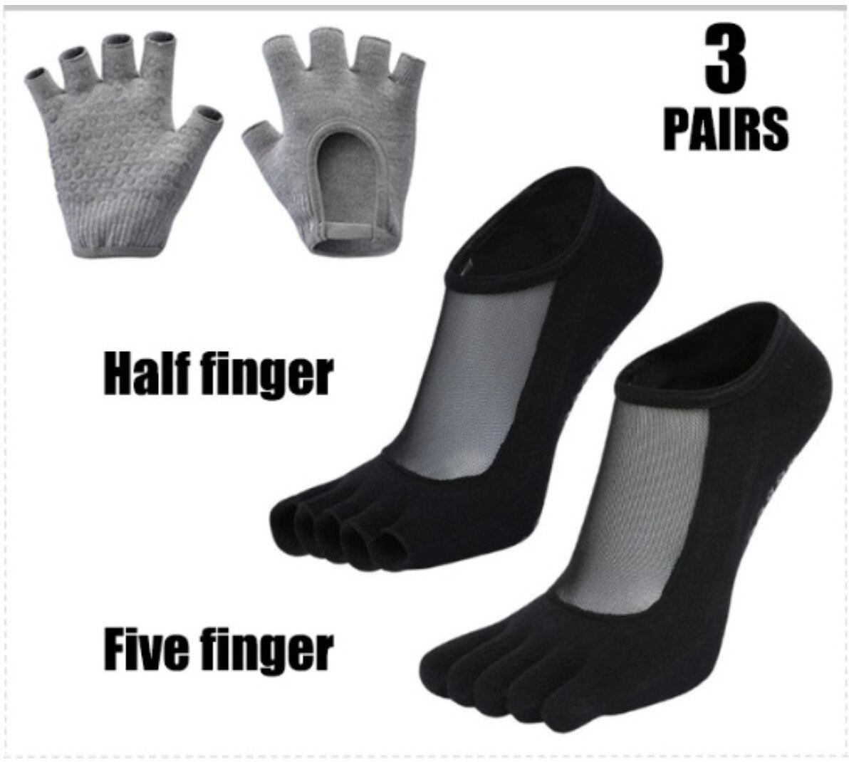 INF Ensemble 3 pièces de chaussettes de yoga et Pilates avec gants antidérapants, cinq orteils et silicone antidérapant Noir + Gris