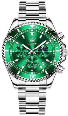 Everyday Crate OLEVS 2870 Mens Chronograph Watch Waterproof Quartz Watch With Stainless Steel Bracelet green + Silver