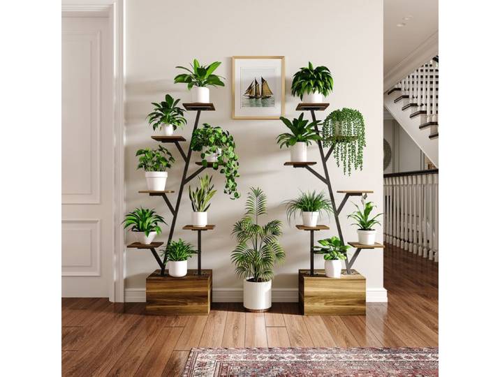 Support à Plantes 140 cm - LED Croissance - Rangement Bas - Design Arbre Moderne - Métal et Bois Tigré