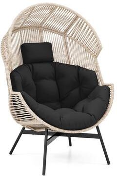 Costway Wicker Oversized Egg Style Chair with Cushions and Headrest-Black