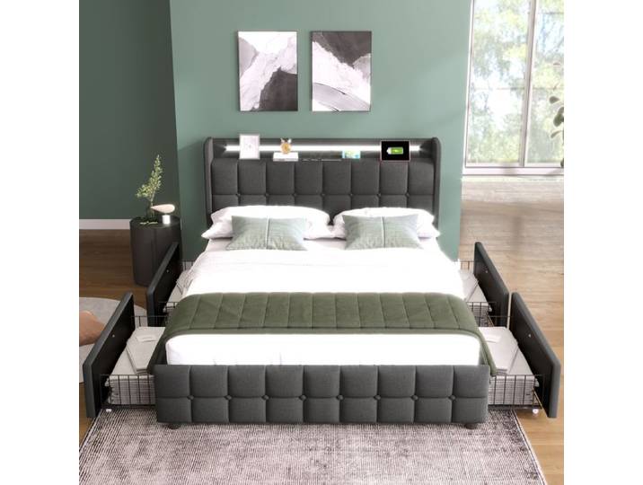Lit coffre rembourré - SINGULARITY - SINGULARITY - Matelas 140 x 200 cm - 4 tiroirs - Ports USB & LED