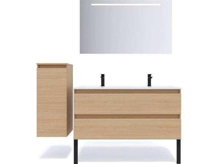 Ensemble salle de bain double vasque 120cm 2 tiroirs Chêne + miroir + colonne gauche - Hudson