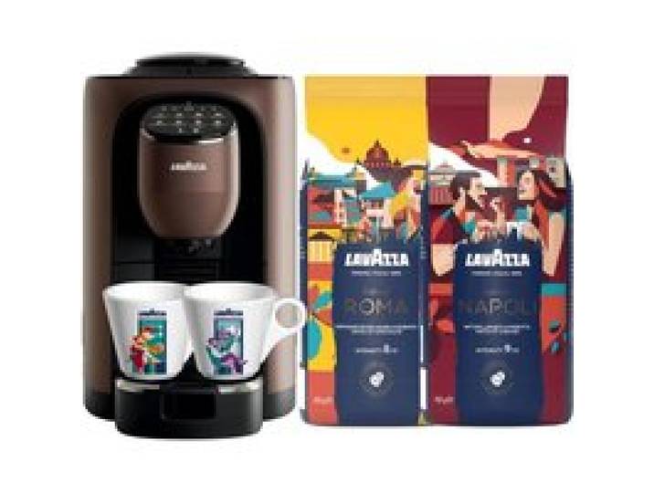 Lavazza - Machine Assoluta et 450g de café en grain Tales of Napoli et Tales of Roma avec 1 set de 2 tasses Lavazza et 1 mug Lavazza