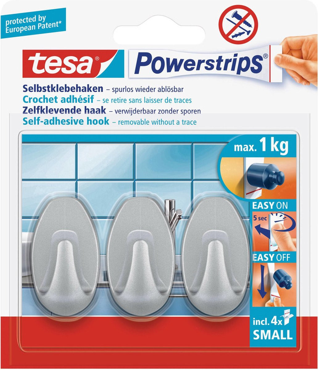 Tesa Powerstrips ovale haken mat chroom small - 6 stuks - Verwijderbare haken