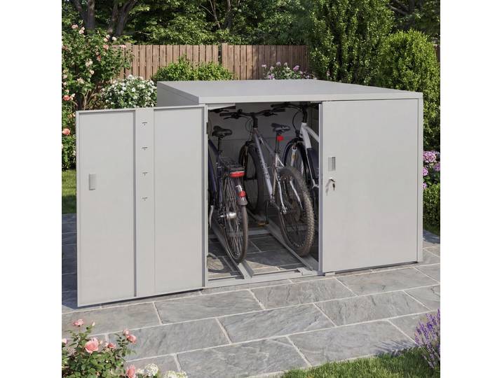 3er-Fahrradgarage HWC-P93, Fahrradunterstand Fahrradbox Bikebox, abschließbar verzinkter Stahl 124x148x208cm hellgrau