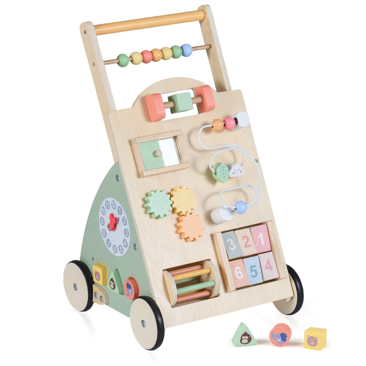 Costway Houten Loopwagen voor Baby's met Wielen en Opbergmand - Montessori Loopspelgoed en Activiteitencentrum