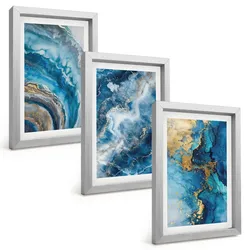 BILDER SET 3er Set - 20x30 cm Silberner Rahmen - Blaue abstrakte Muster