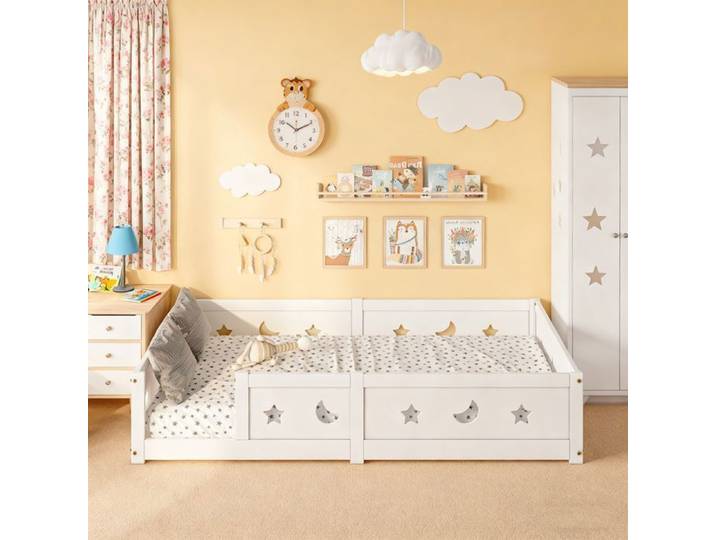 Lit au Sol 140x200 cm Lit Enfant au Sol avec Barriere lit Montessori Bois Massif Pin pour Chambre de Garçons Filles Blanc
