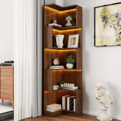 Modern Wood Corner Bookshelf with LED Lighting White by GDFStudio