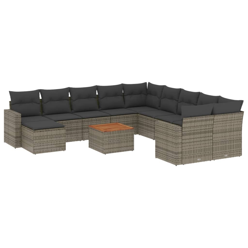 Modulare Garten-Lounge-Sofa-Garnitur, 12-teilig, mit Kissen, aus Poly Rattan und Akazienholz, Grau, UV-beständig