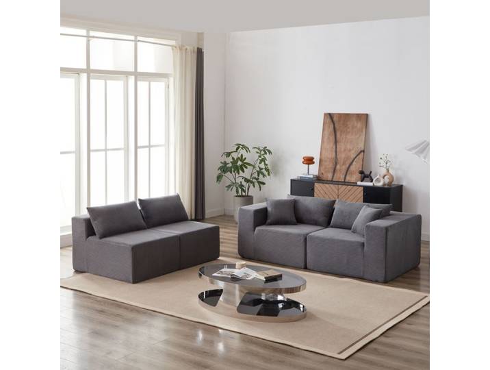 Canapé d'angle modulable - Velours côtelé - Gris - 264 cm - Assise extra-large