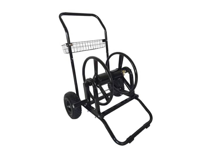 Chariot dévidoir Relaxdays\, 60 m\, raccord à clic\, 2 roues pneumatiques\, acier\, tambour amovible\, noir