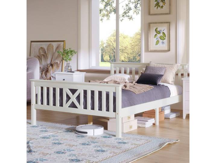 Lit Double en Bois Lit 140x200 cm en Cadre de Lit avec Sommier à Lattes Lit Adulte avec TêTe de Lit en Bois Massif Blanc