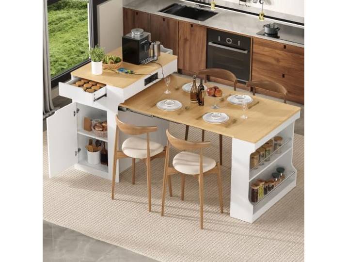 Crlnaup Kücheninsel mit Rollen, Ausziehbarer Esstisch mit Steckdosenleisten und Zwei Schubladen, dient als Kücheninsel, Sideboard oder Anrichte für Küche und Esszimmer (Weiß)