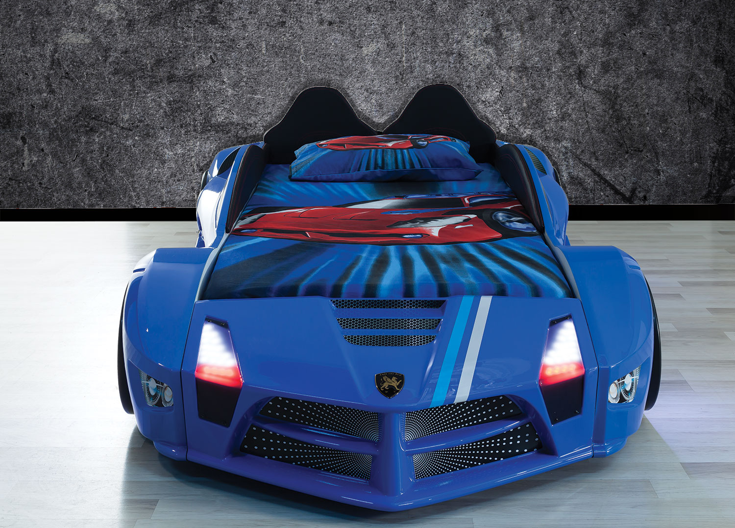 Kinderbett Luxury Full, Blau, 90x190 cm, Rennwagen mit LED-Beleuchtung & Funkfernbedienung