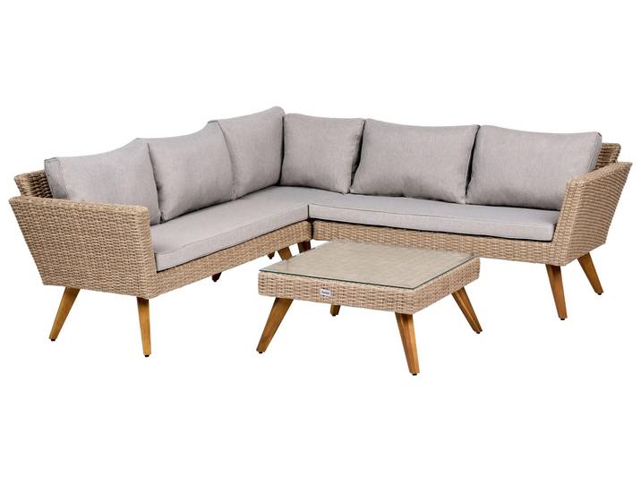 BELIANI Gartenmöbel Set Hellbraun und Grau Rattan 6-Sitzer Ecksofa mit Holzbeinen Couchtisch Auflagen Rustikales Terrassen Garten Lounge Set