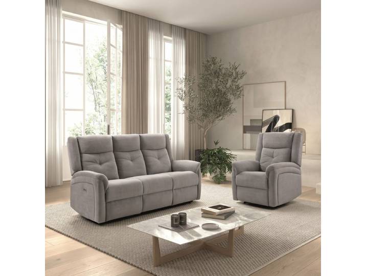Ensemble Canapé Élec 3pl + Fauteuil Relax Tissu Gris Clair - Melilla