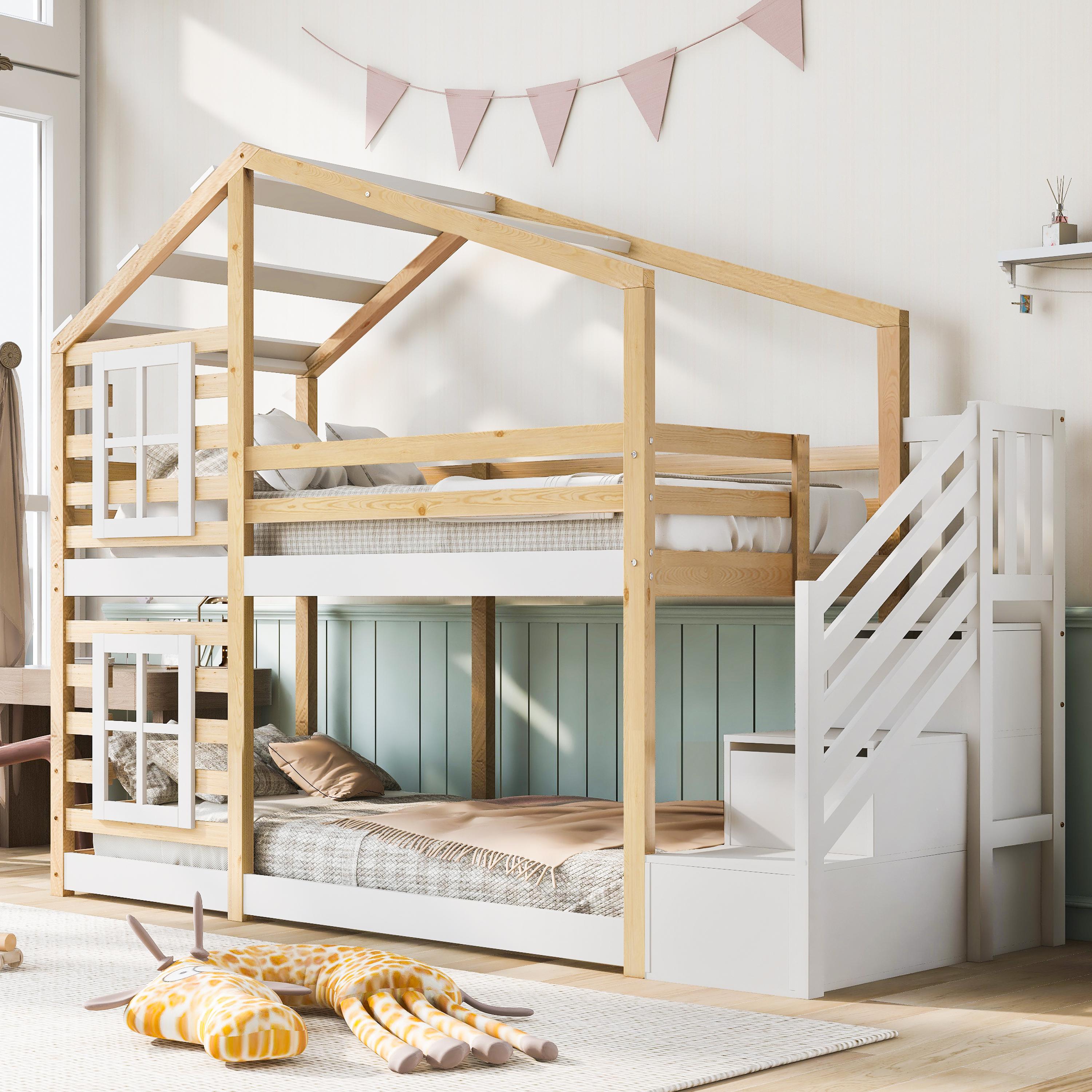 Kinderbett Baumhaus 90 x 200 cm, Etagenbett für Kinder in Fensterbauweise mit Speicherung und Rausfallschutz