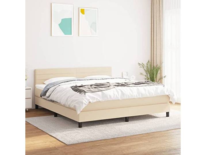 RJPLMFV Bettgestell, 160 x 200 cm, cremefarben, Stoff Verstellbares Kopfteil, Taschenfederkernmatratze, mittelharte Unterstützung, weicher Matratzenschutz