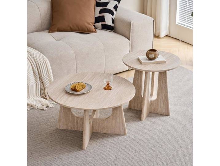 GrandCA HOME Lot de 2 Tables Basses Rondes Style Minimaliste Moderne Beige Salon et Chambre