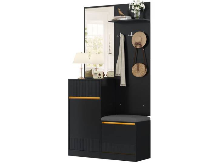 Meuble d'entrée compact avec miroir meuble à chaussures banc crochets et éclairage LED ensemble vestiaire noir