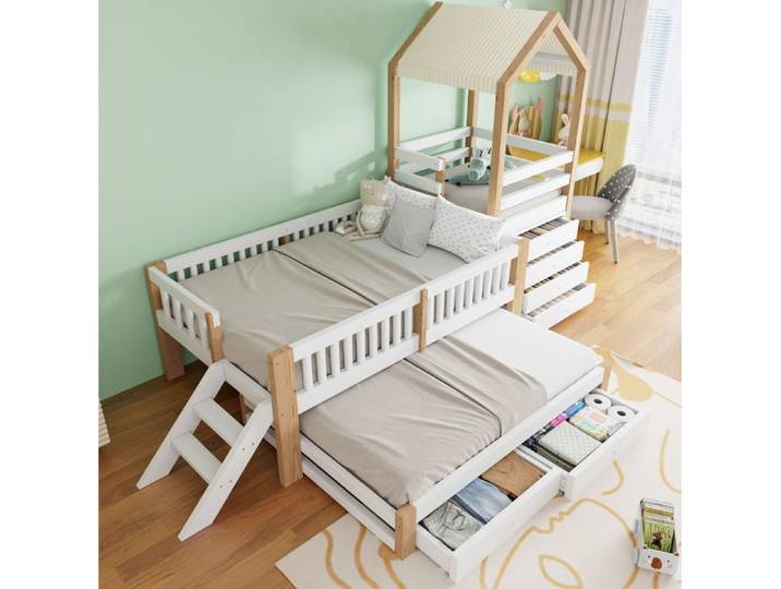 HOMVRA Lit cabane enfant 90x200 avec lit gigogne 90x190 escalier latéral 4 tiroirs bois et blanc