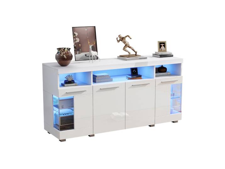Redom Sideboard 140/40/70 cm mit LED-Beleuchtung, Hochglanzfront und Türen aus gehärtetem Glas, Weiß, 140x70x40 cm, Kleinmöbel, Kommoden, Sideboards